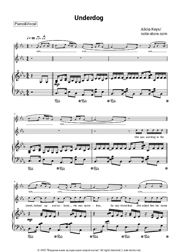 Underdog - Alicia Keys Piano Sheet Music with the Voice part - Piano&Vocal