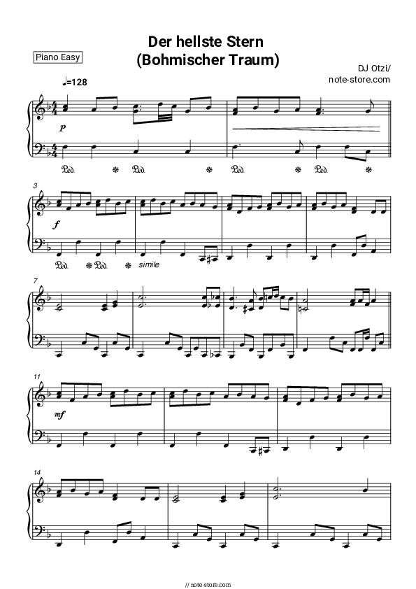 Der hellste Stern (Bohmischer Traum) - DJ Ötzi Piano Sheet Music Easy - Piano.Easy