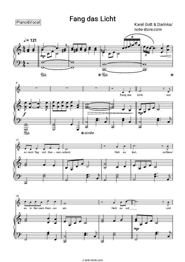 Fang das Licht - Karel Gott, Darinka Piano Sheet Music with the Voice part - Piano&Vocal