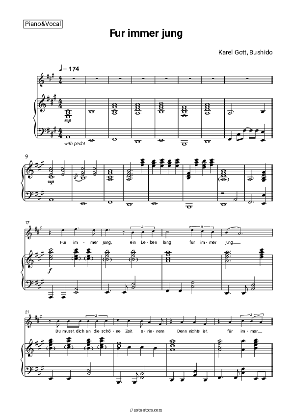 Fur immer jung - Karel Gott, Bushido Piano Sheet Music with the Voice part - Piano&Vocal