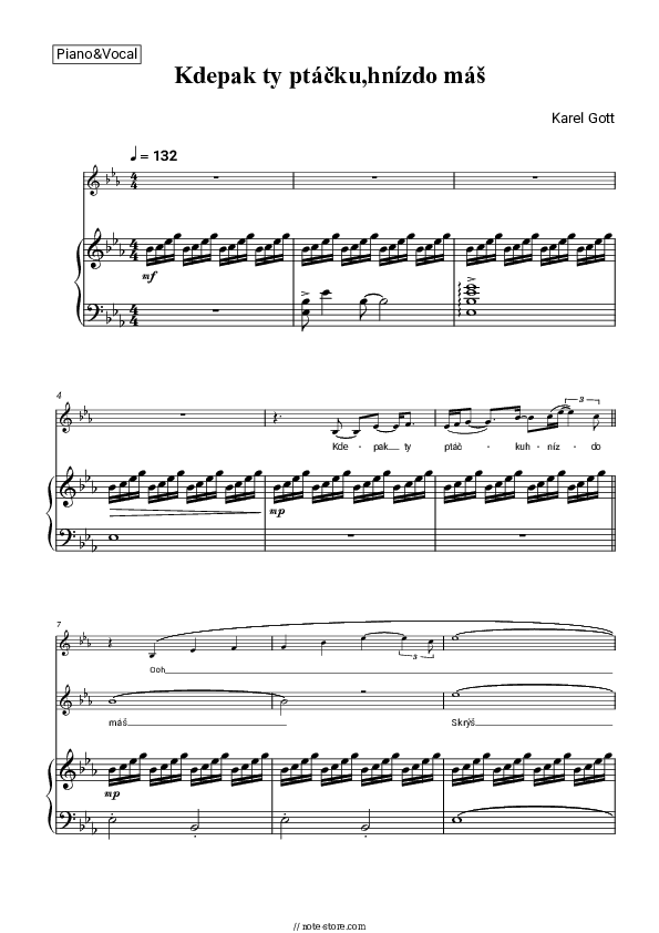 Kdepak ty ptacku hnizdo mas - Karel Gott Piano Sheet Music with the Voice part - Piano&Vocal