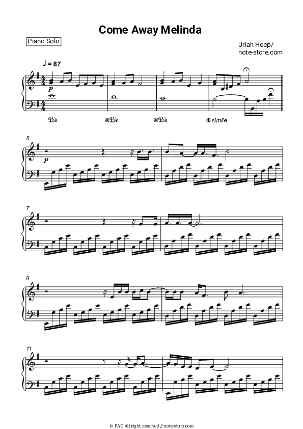 Come Away Melinda - Uriah Heep Piano Sheet Music - Piano.Solo