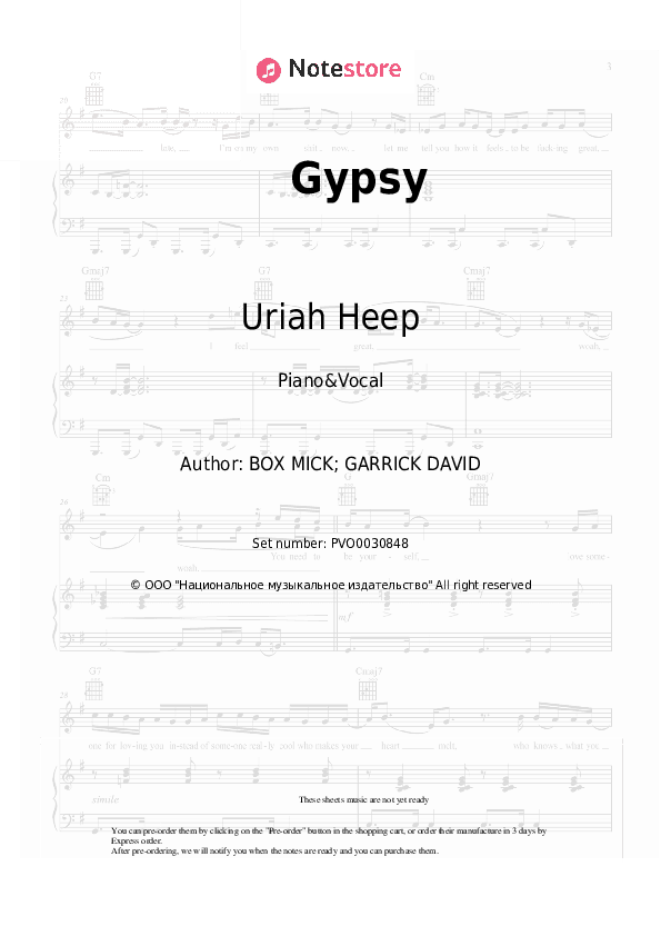 Gypsy - Uriah Heep Piano Sheet Music with the Voice part - Piano&Vocal