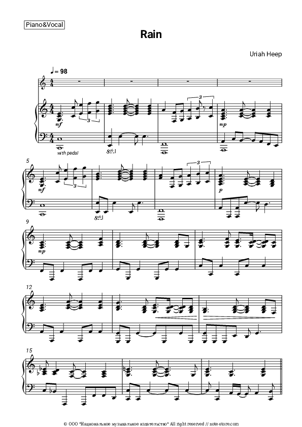 Rain - Uriah Heep Piano Sheet Music with the Voice part - Piano&Vocal