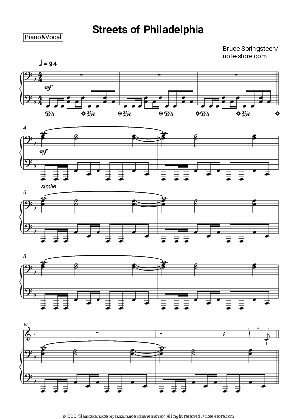 Streets of Philadelphia - Bruce Springsteen Piano Sheet Music with the Voice part - Piano&Vocal