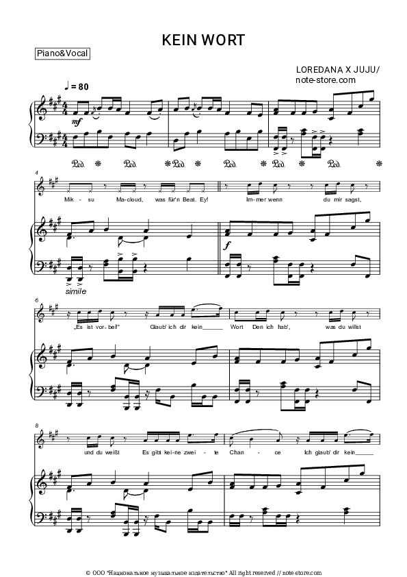 Kein Wort - Loredana, Juju Piano Sheet Music with the Voice part - Piano&Vocal