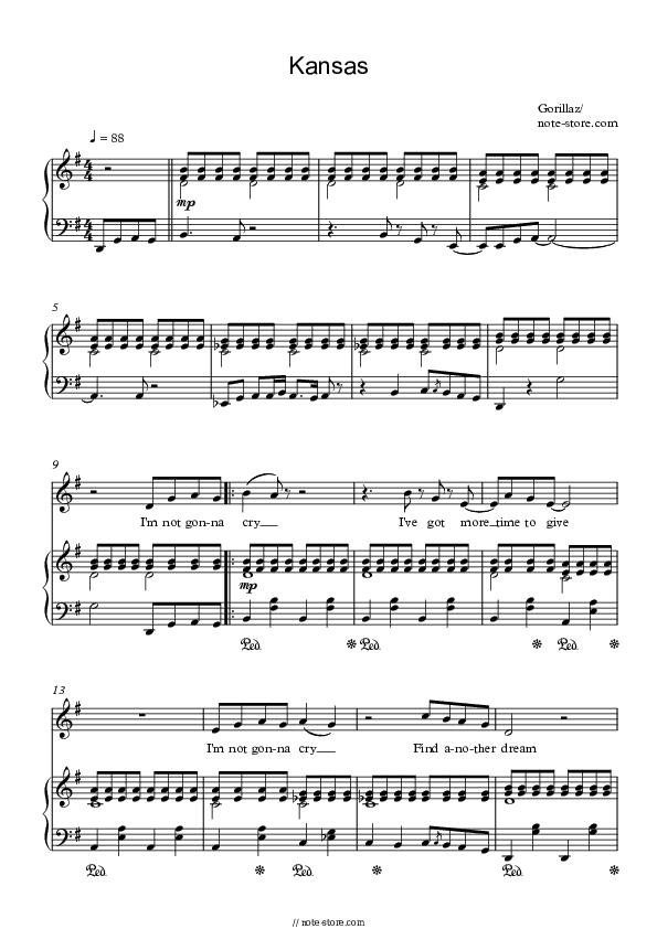 Kansas - Gorillaz Piano Sheet Music with the Voice part - Piano&Vocal