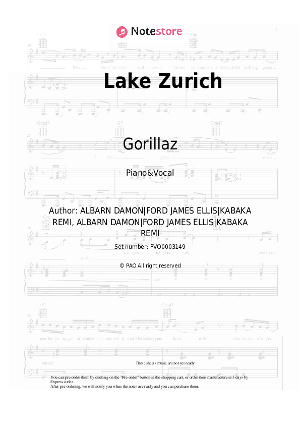 Lake Zurich - Gorillaz Piano Sheet Music with the Voice part - Piano&Vocal