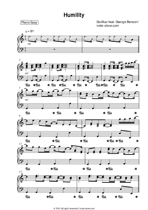 Humility - Gorillaz, George Benson Piano Sheet Music Easy - Piano.Easy