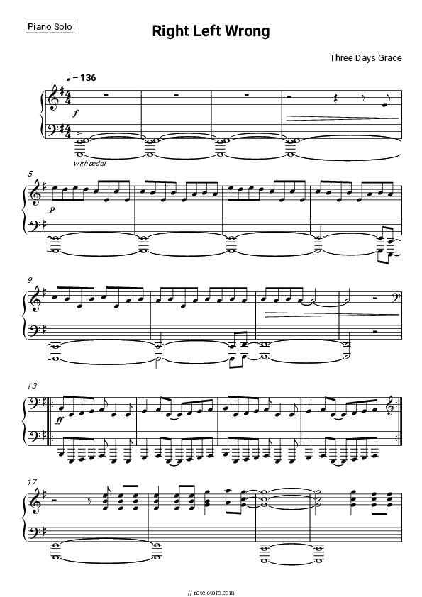 Right Left Wrong - Three Days Grace Piano Sheet Music - Piano.Solo