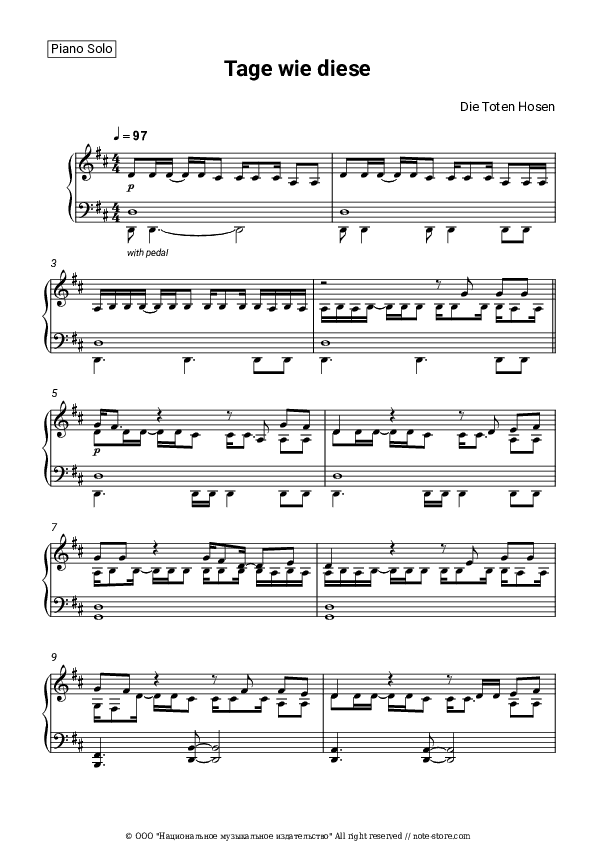 Tage wie diese - Die Toten Hosen Piano Sheet Music - Piano.Solo