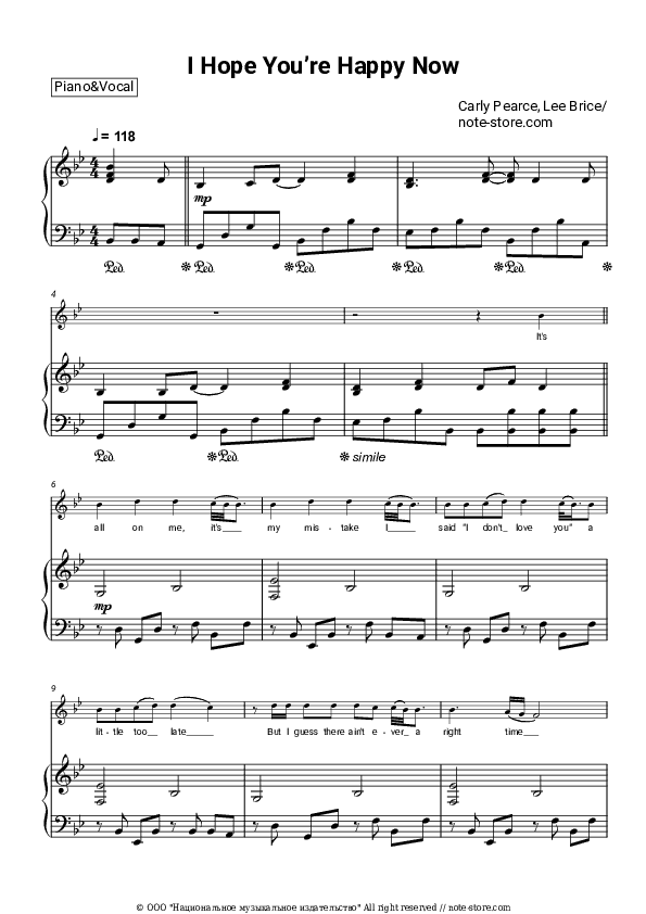 I Hope You’re Happy Now - Carly Pearce, Lee Brice Piano Sheet Music with the Voice part - Piano&Vocal