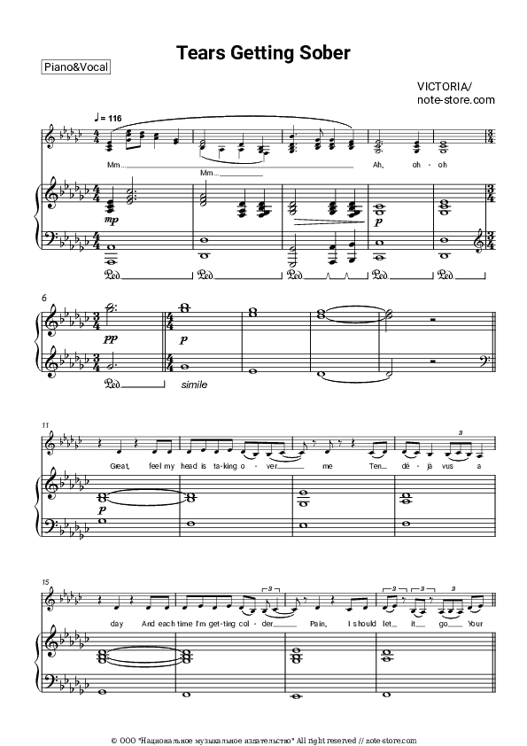 Tears Getting Sober - VICTORIA Piano Sheet Music with the Voice part - Piano&Vocal