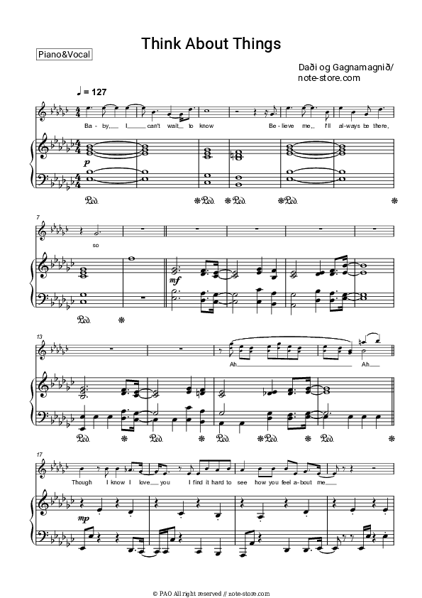 Think About Things - Dadi Og Gagnamagnio Piano Sheet Music with the Voice part - Piano&Vocal