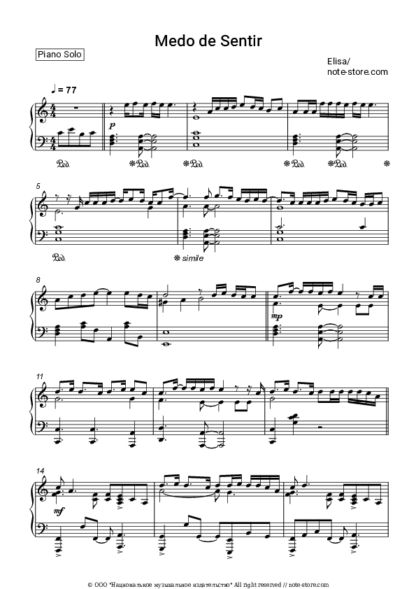 Medo de Sentir - Elisa Silva Piano Sheet Music - Piano.Solo