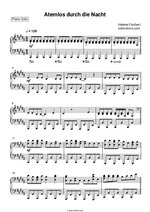 Atemlos durch die Nacht - Helene Fischer Piano Sheet Music - Piano.Solo