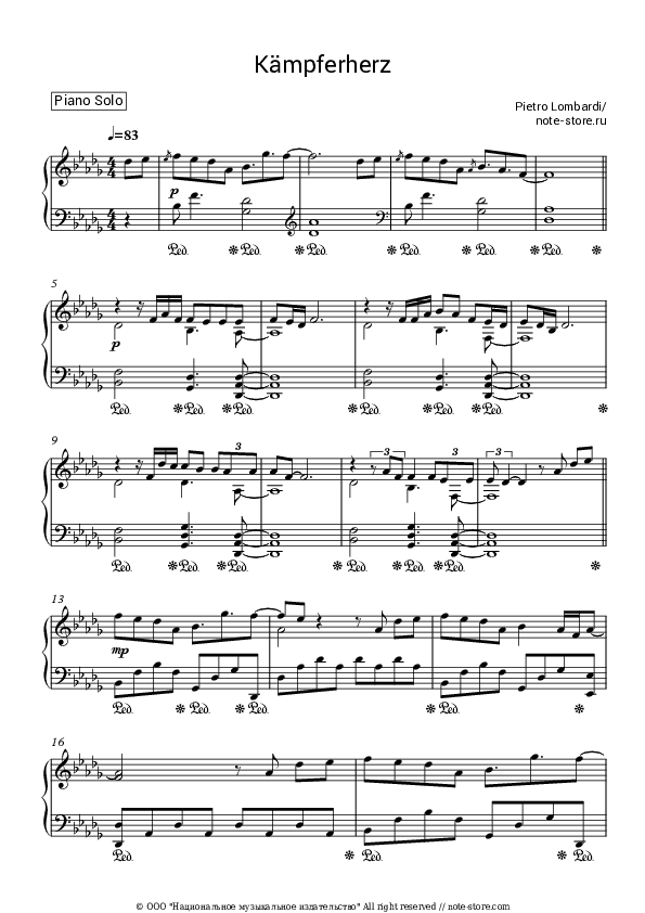 Kampferherz - Pietro Lombardi Piano Sheet Music - Piano.Solo