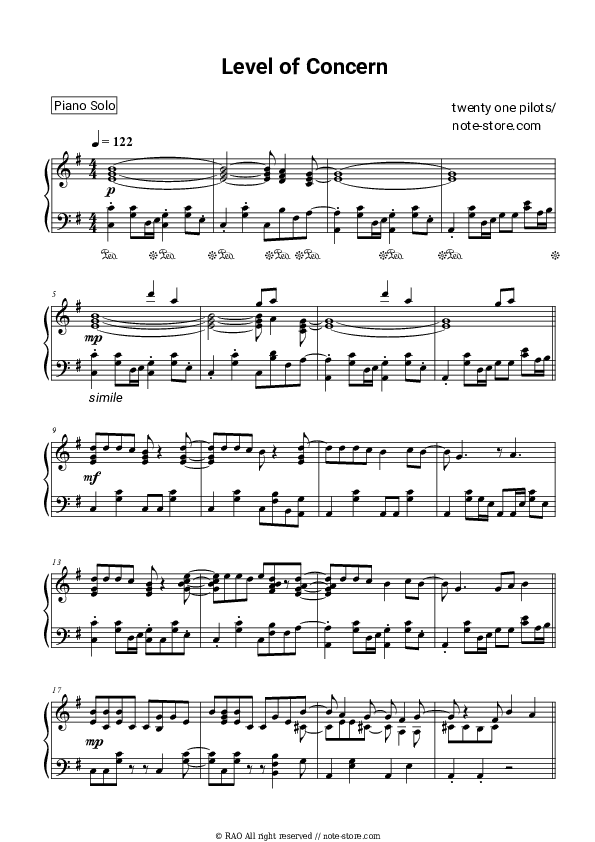 Level of Concern - Twenty One Pilots Piano Sheet Music - Piano.Solo