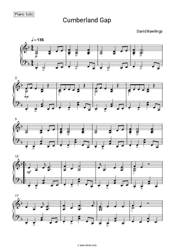 Cumberland Gap - David Rawlings Piano Sheet Music - Piano.Solo