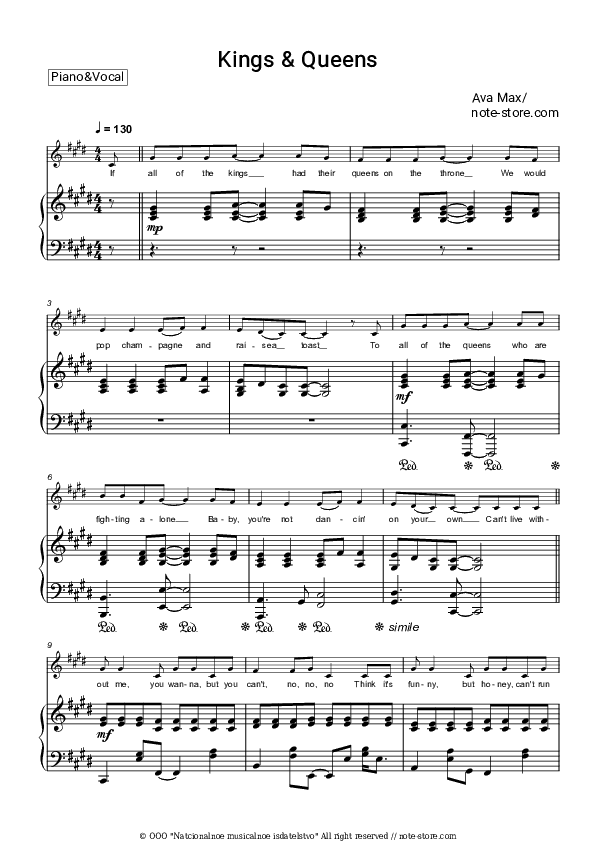 Kings & Queens - Ava Max Piano Sheet Music with the Voice part - Piano&Vocal