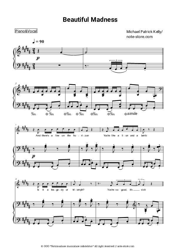 Beautiful Madness - Michael Patrick Kelly Piano Sheet Music with the Voice part - Piano&Vocal