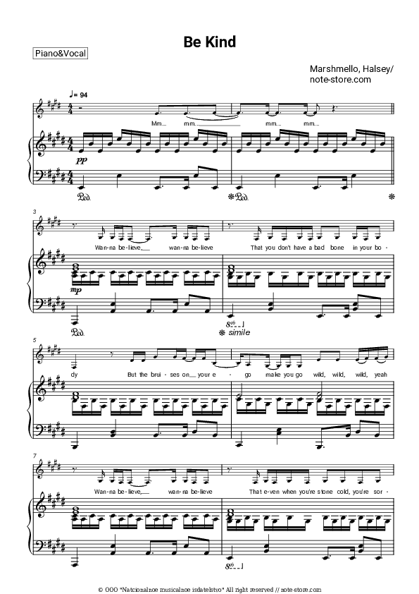 Be Kind - Marshmello, Halsey Piano Sheet Music with the Voice part - Piano&Vocal