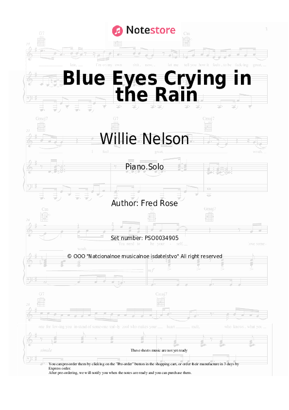 Blue Eyes Crying in the Rain - Willie Nelson Piano Sheet Music - Piano.Solo