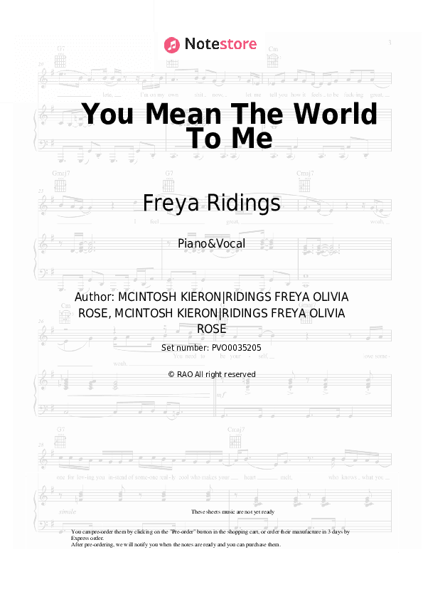 You Mean The World To Me - Freya Ridings Piano Sheet Music with the Voice part - Piano&Vocal