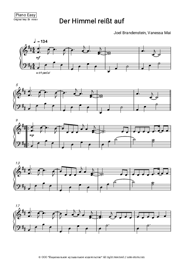 Der Himmel reißt auf - Joel Brandenstein, Vanessa Mai Piano Sheet Music Easy - Piano.Easy