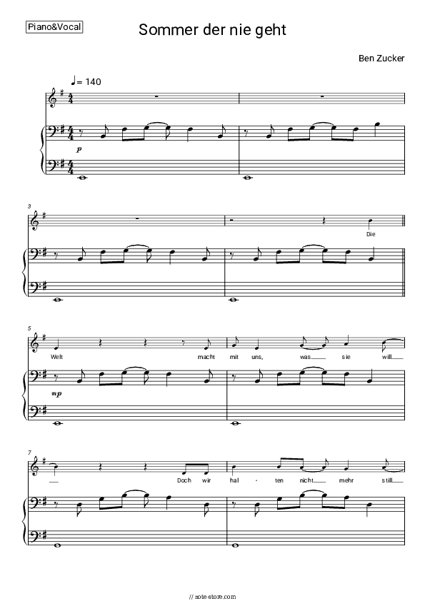 Sommer der nie geht - Ben Zucker Piano Sheet Music with the Voice part - Piano&Vocal