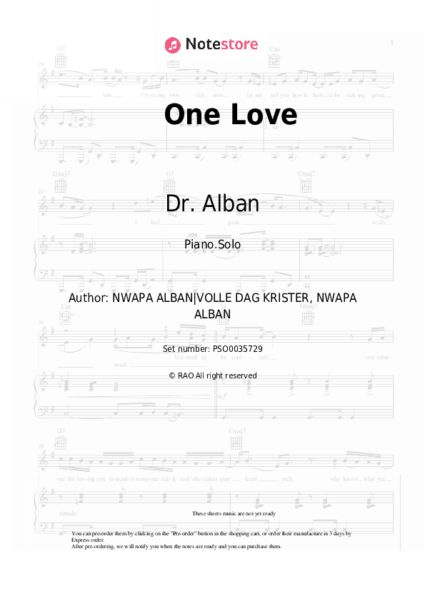 One Love - Dr. Alban Piano Sheet Music - Piano.Solo