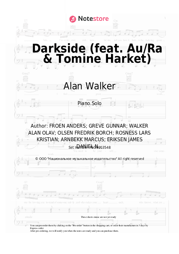 Darkside (feat. Au/Ra & Tomine Harket) - Alan Walker Piano Sheet Music - Piano.Solo
