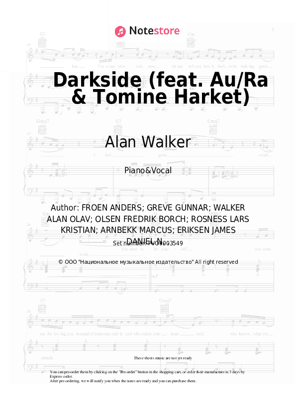 Darkside (feat. Au/Ra & Tomine Harket) - Alan Walker Piano Sheet Music with the Voice part - Piano&Vocal