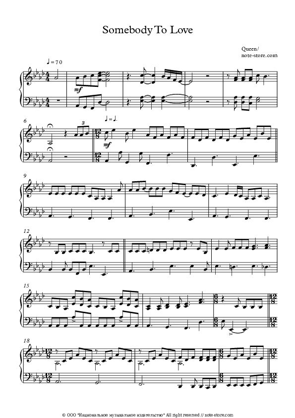 Somebody To Love - Queen Piano Sheet Music Easy - Piano.Easy