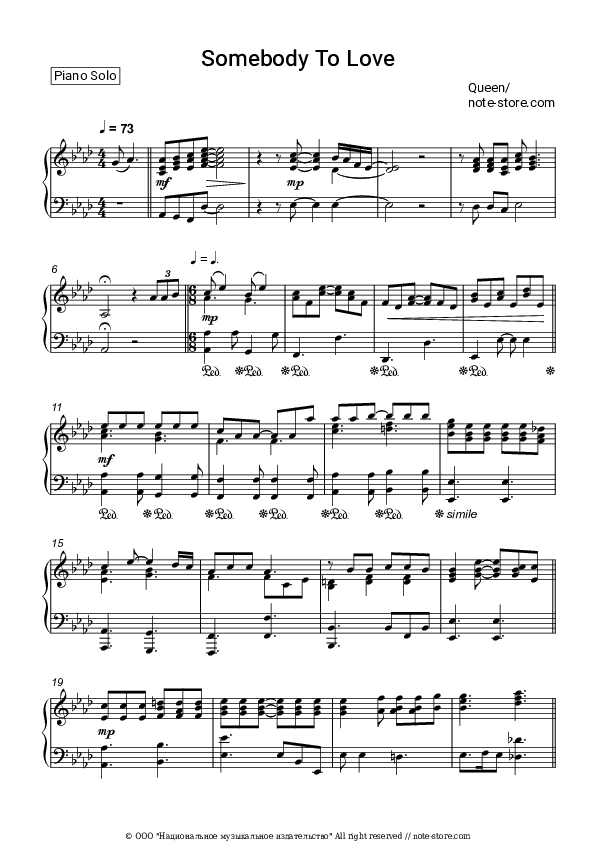 Somebody To Love - Queen Piano Sheet Music - Piano.Solo