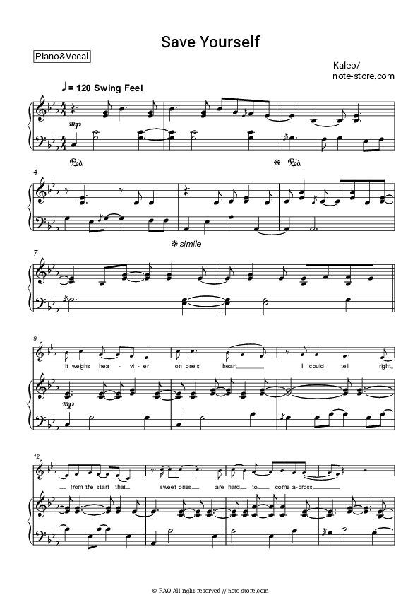 Save Yourself - Kaleo Piano Sheet Music with the Voice part - Piano&Vocal