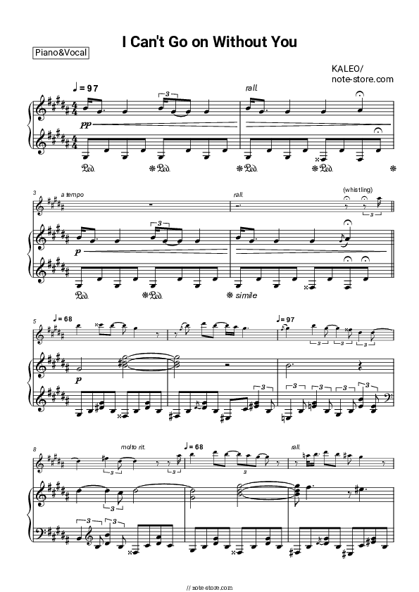 I Can’t Go On Without You - Kaleo Piano Sheet Music with the Voice part - Piano&Vocal