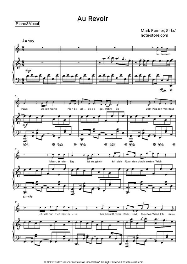 Au Revoir - Mark Forster, Sido Piano Sheet Music with the Voice part - Piano&Vocal