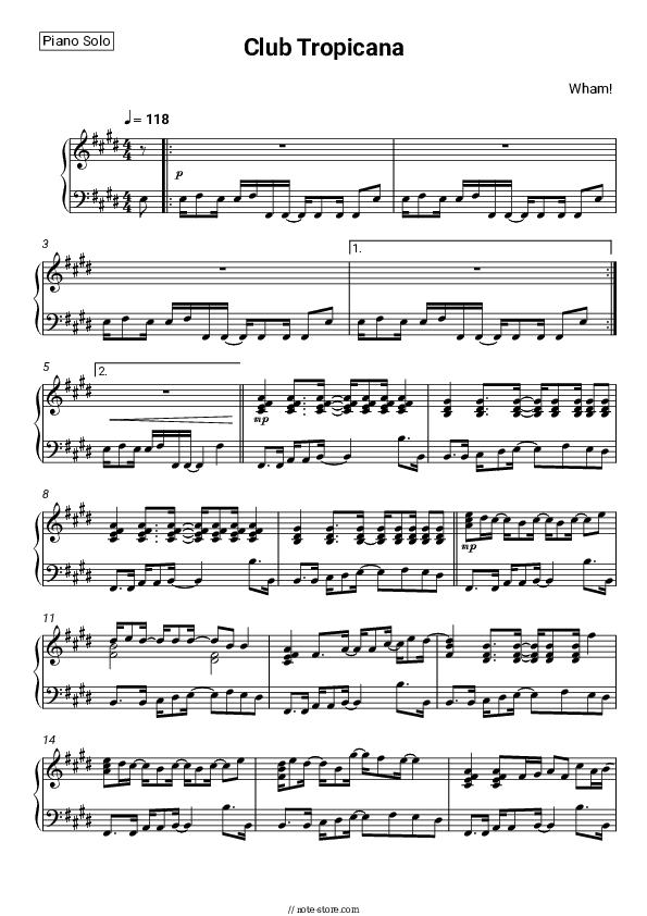 Club Tropicana - Wham! Piano Sheet Music - Piano.Solo
