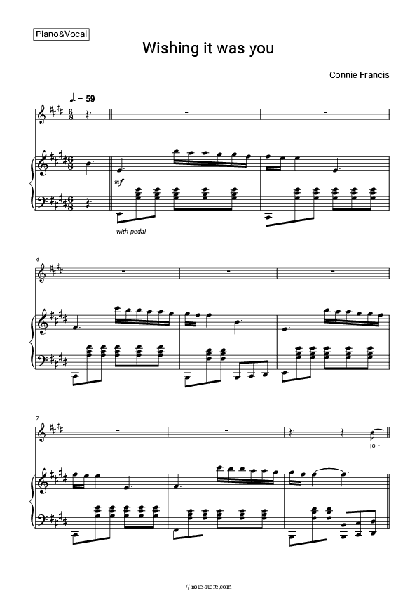 Wishing it was you - Connie Francis Piano Sheet Music with the Voice part - Piano&Vocal