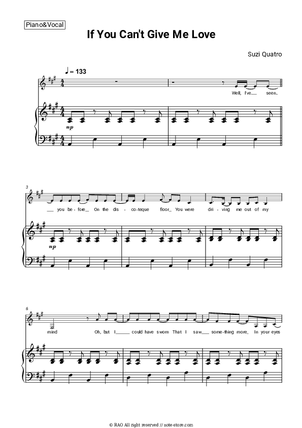 If You Can't Give Me Love - Suzi Quatro Piano Sheet Music with the Voice part - Piano&Vocal