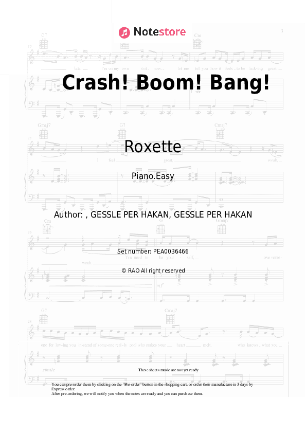 Crash! Boom! Bang! - Roxette Piano Sheet Music Easy - Piano.Easy