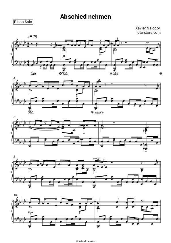 Abschied nehmen - Xavier Naidoo Piano Sheet Music - Piano.Solo