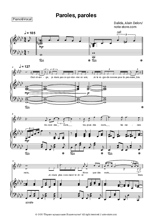 Paroles, paroles - Dalida, Alain Delon Piano Sheet Music with the Voice part - Piano&Vocal