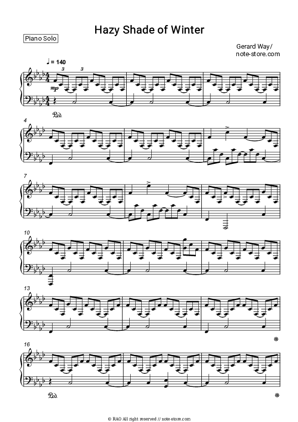 Hazy Shade of Winter - Gerard Way, Ray Toro Piano Sheet Music - Piano.Solo