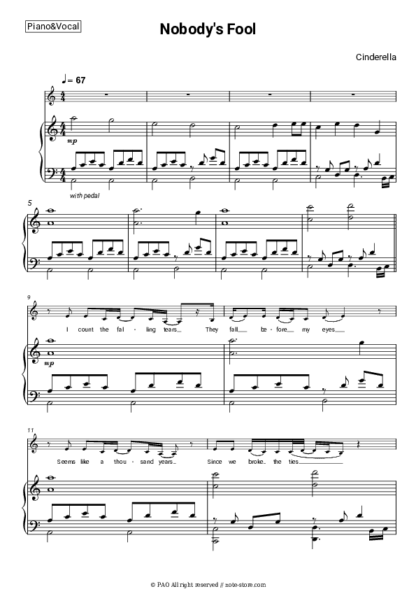 Nobody's Fool - Cinderella Piano Sheet Music with the Voice part - Piano&Vocal