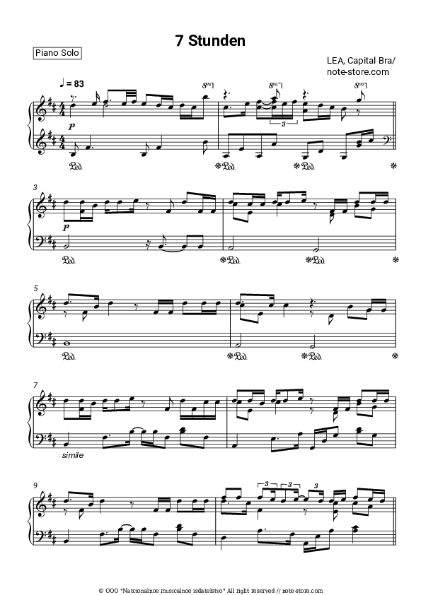 7 Stunden - LEA, Capital Bra Piano Sheet Music - Piano.Solo