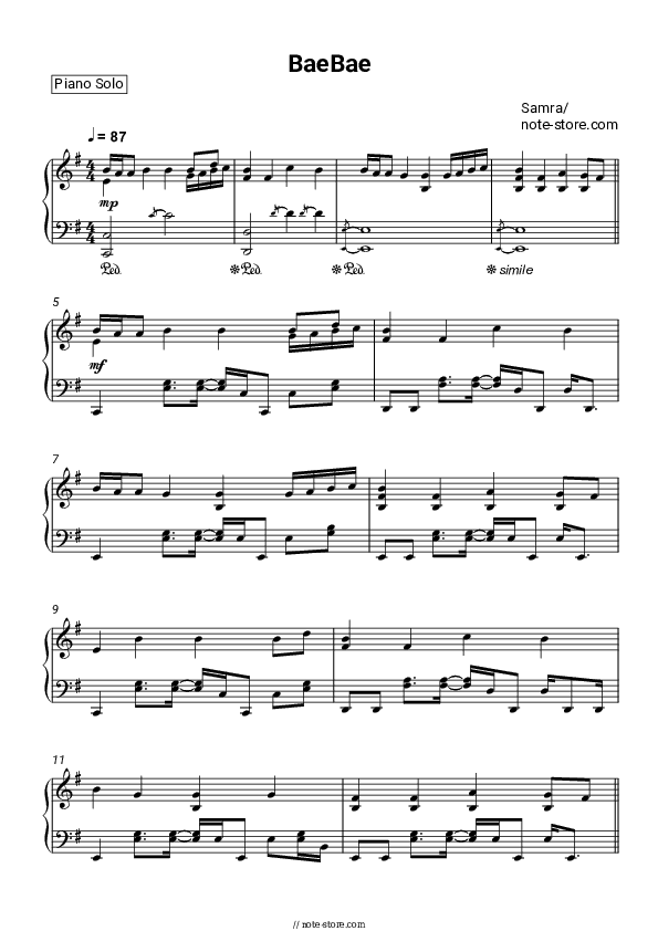 Bae Bae - Samra Piano Sheet Music - Piano.Solo