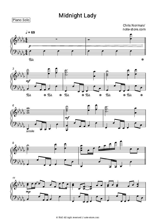 Midnight Lady - Chris Norman Piano Sheet Music - Piano.Solo