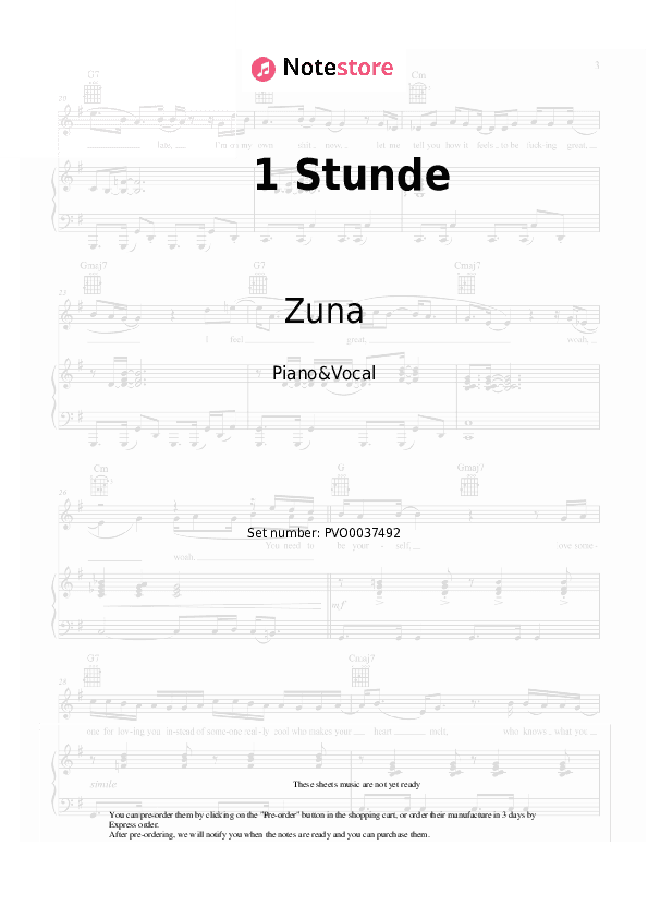 1 Stunde - Zuna Piano Sheet Music with the Voice part - Piano&Vocal